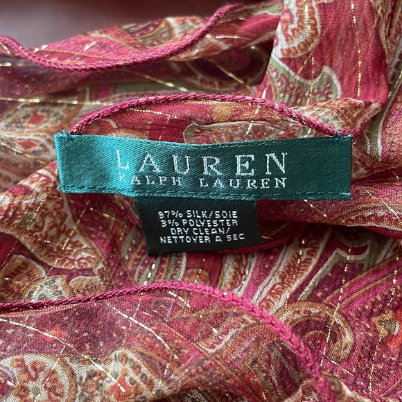 Lauren Ralph Lauren Red Multi Eliza Paisley Sheer Silk Blend Metallic Stripe - Picture 3 of 5